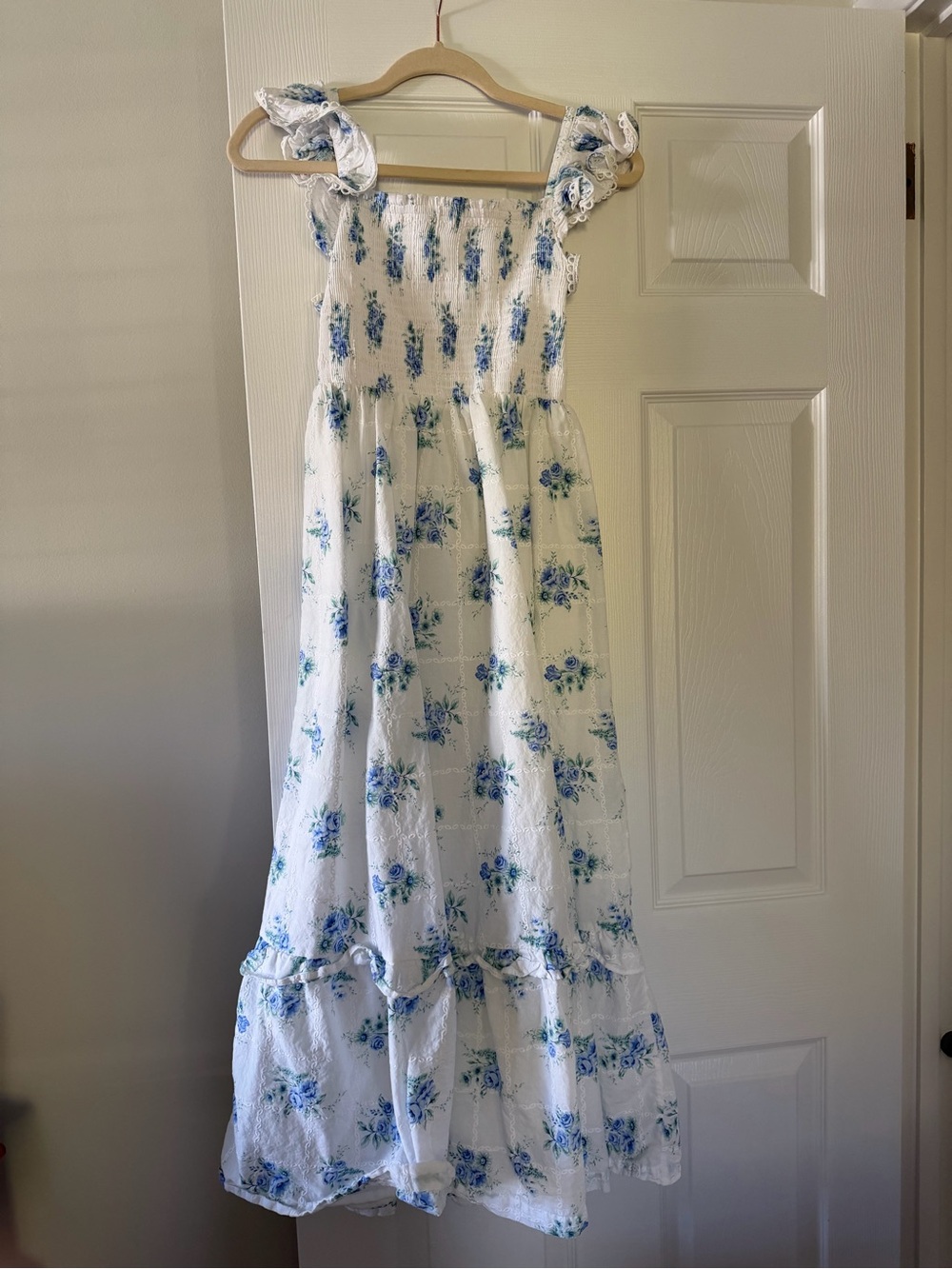 White Maxi Dress with Blue Floral Print